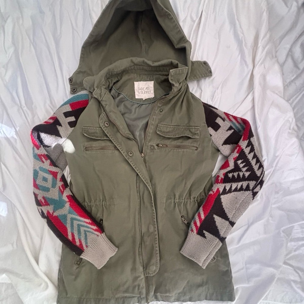 Thread & Supply Green Aztec Sweater Utility Army Jacket Size Small - Picture 2 of 9